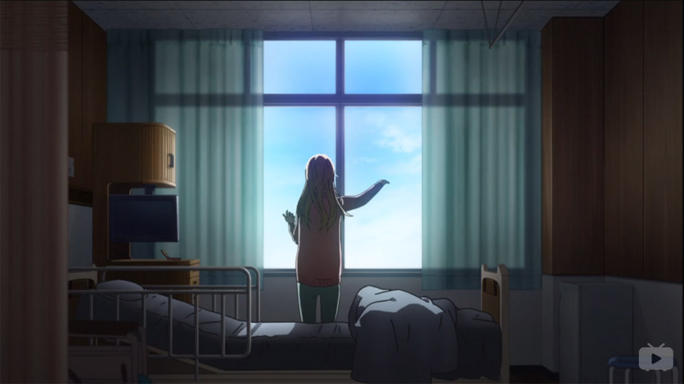 Kaori, In hospital ward, through cell phone audio, imaging herself playing violin with Kousei.